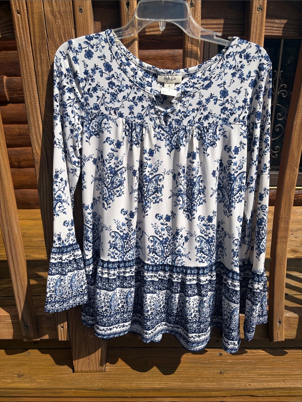 Ladies BOHO Light Blue Floral Long-Sleeve Peasant Top-Style & Co